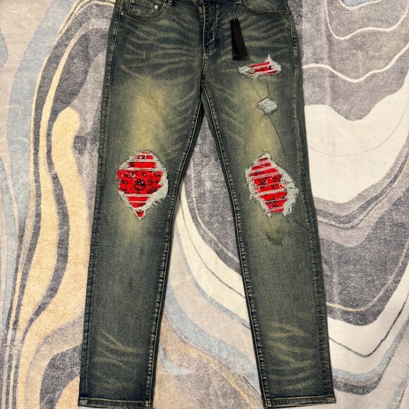 Blue Wash AMIRI Red Bandana Jeans Mens Size 34 Waist - Picture 1 of 3